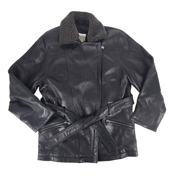 Vintage Lambskin Butter Soft Leather Shearling Collar Asymmetrical Zip Jacket - Picture 1 of 8